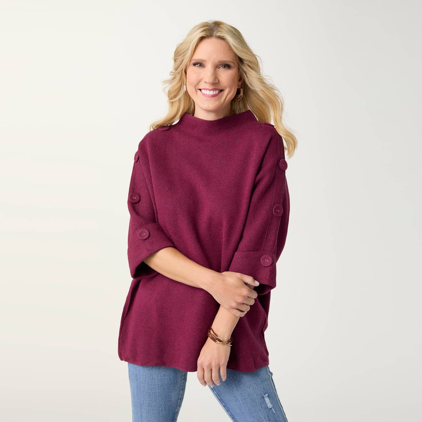 Heavenly-Luxe Short Sleeve Funnel Neck w/ Button Detail