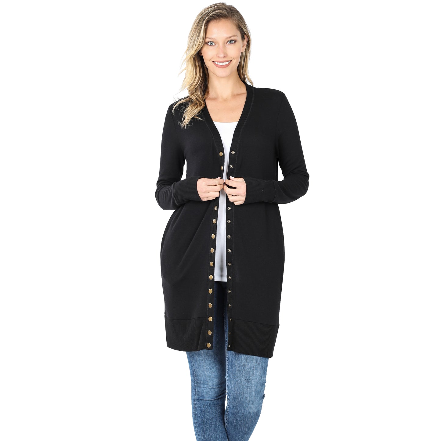 Thigh-Length Snap Button Cardigan with Ribbed Detail | FINAL SALE