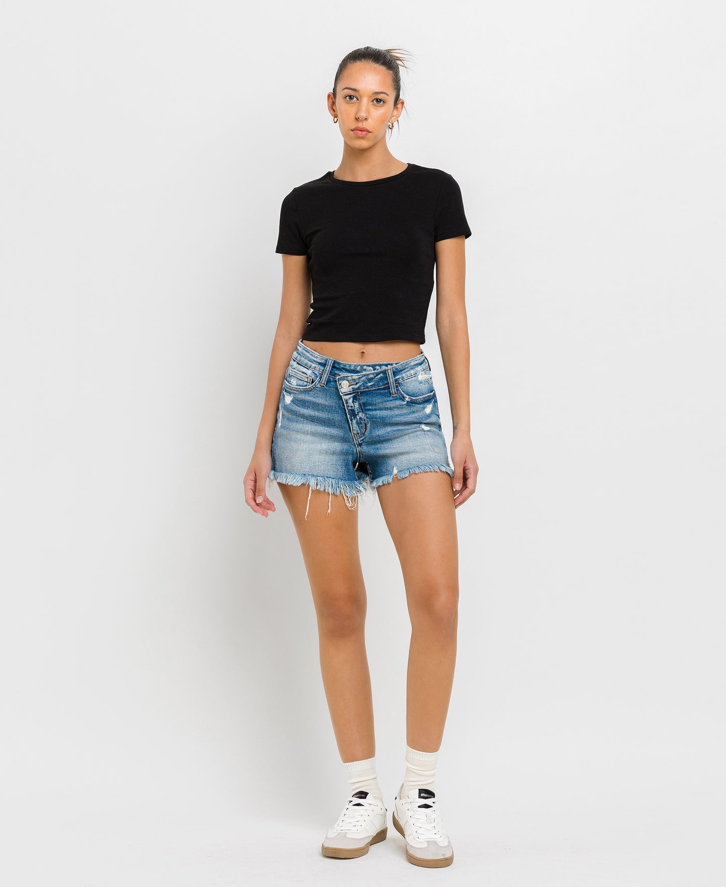Vervet | High Rise Distressed Cross Cross Shorts