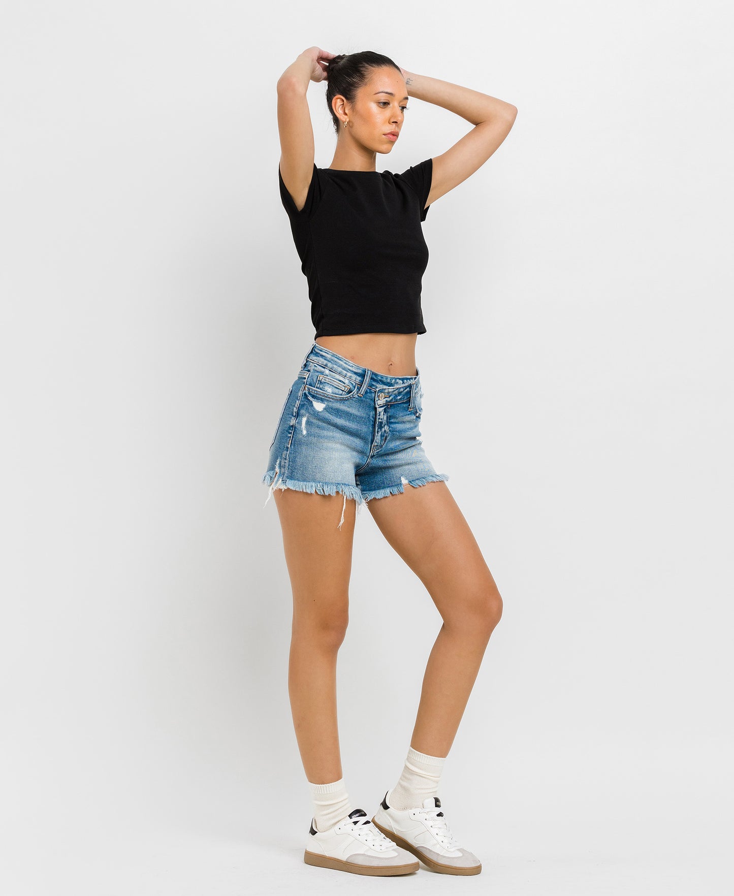 Vervet | High Rise Distressed Cross Cross Shorts