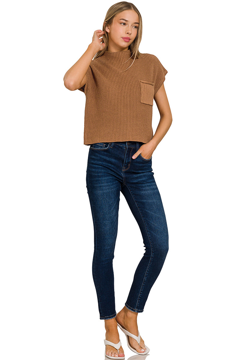 Mock Neck Short Sleeve Cropped Sweater