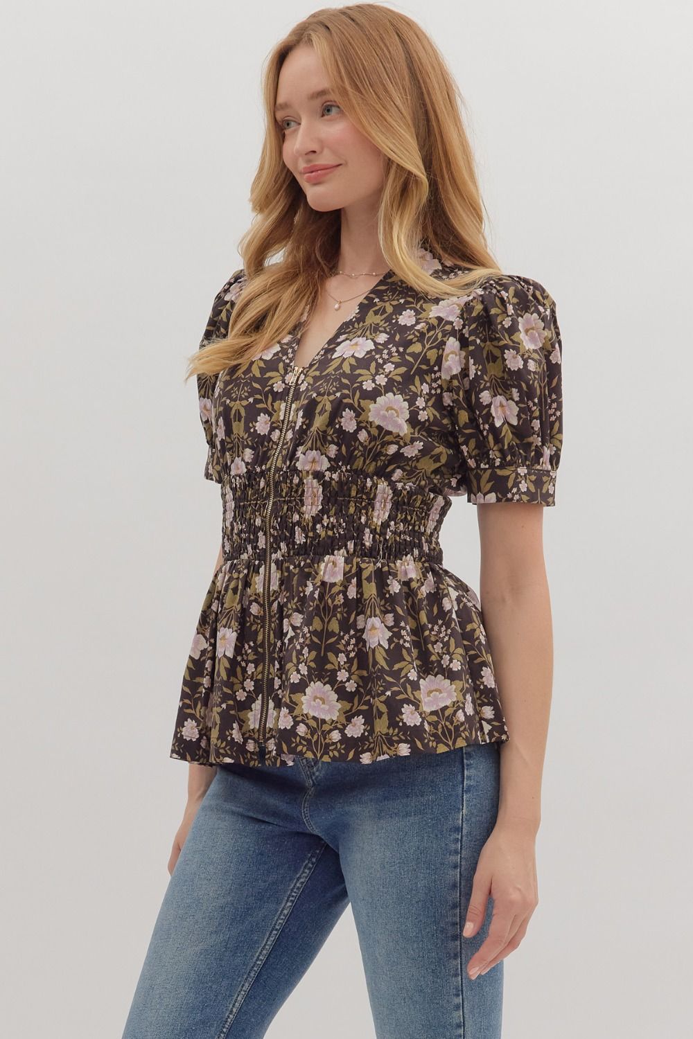 Entro | Floral Zipper Peplum Top