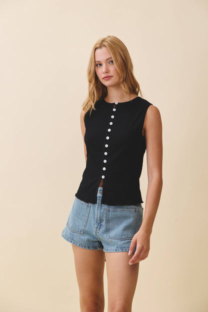 Fitted Ribbed Button Front Tank Top