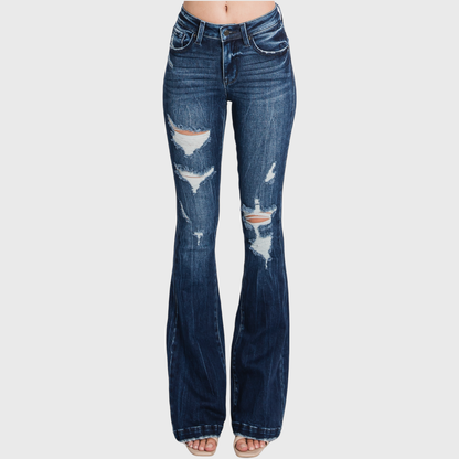 Petra153 | (Petite) Distressed Mid Rise Stretch Flare