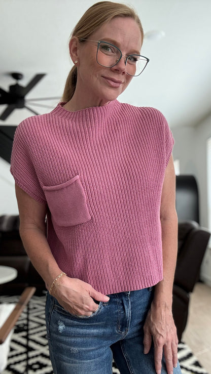 Mock Neck Short Sleeve Cropped Sweater