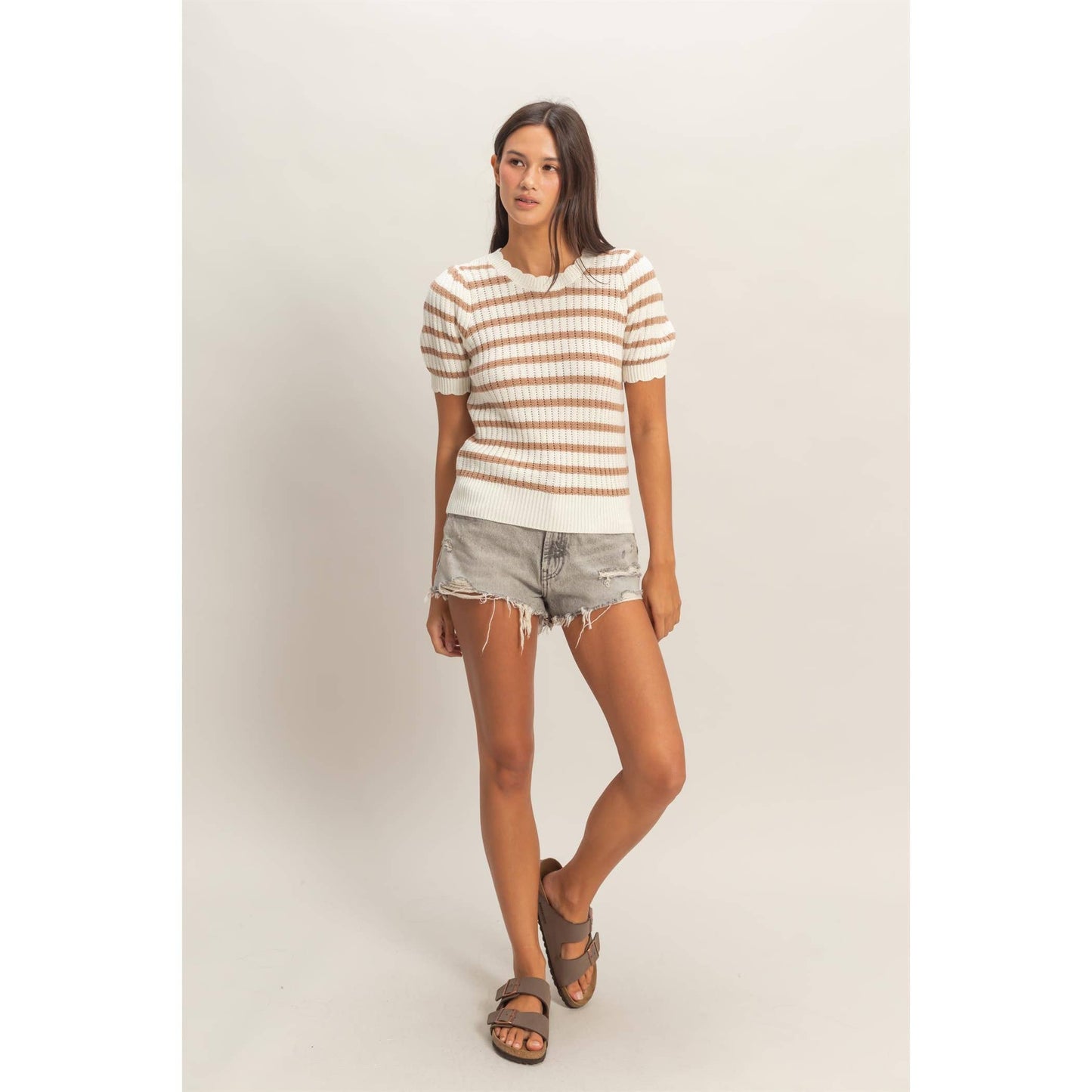 Striped Scallop Edge Knit Top