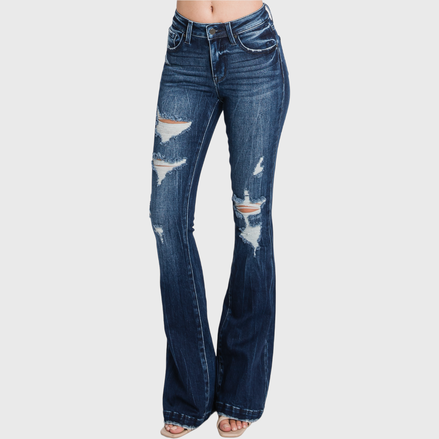 Petra153 | (Petite) Distressed Mid Rise Stretch Flare