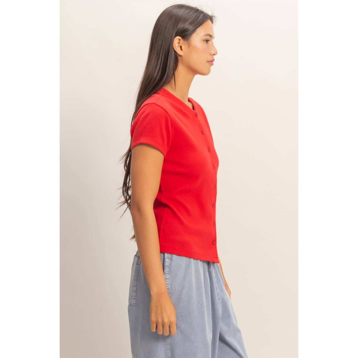 Ribbed Button-Front Crew Neck Top