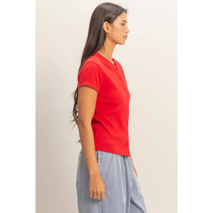 Ribbed Button-Front Crew Neck Top