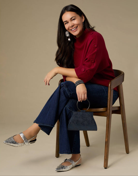 Heavenly-Luxe Short Sleeve Funnel Neck w/ Button Detail