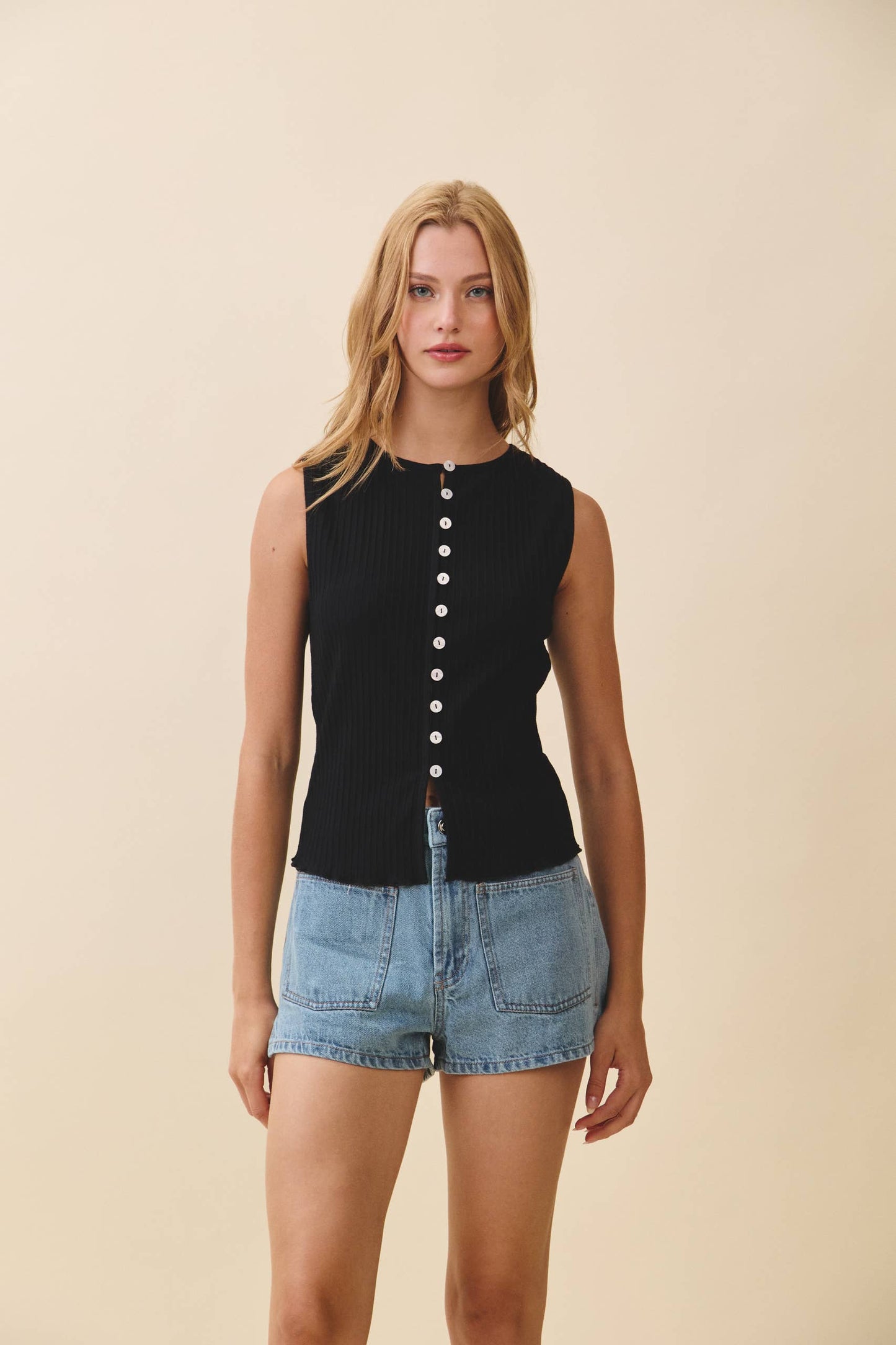 Fitted Ribbed Button Front Tank Top