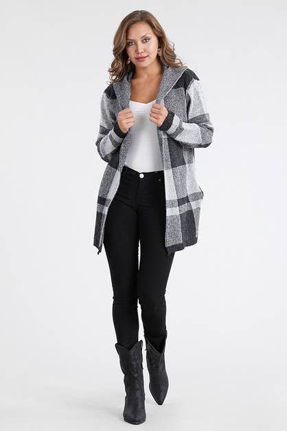 Hooded Checker Cardigan Sweater