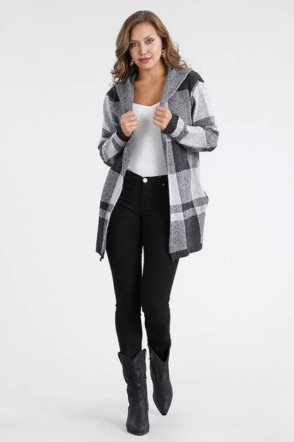 Hooded Checker Cardigan Sweater