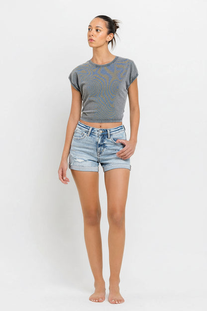 Vervet | High Rise Single Cuff Denim Shorts