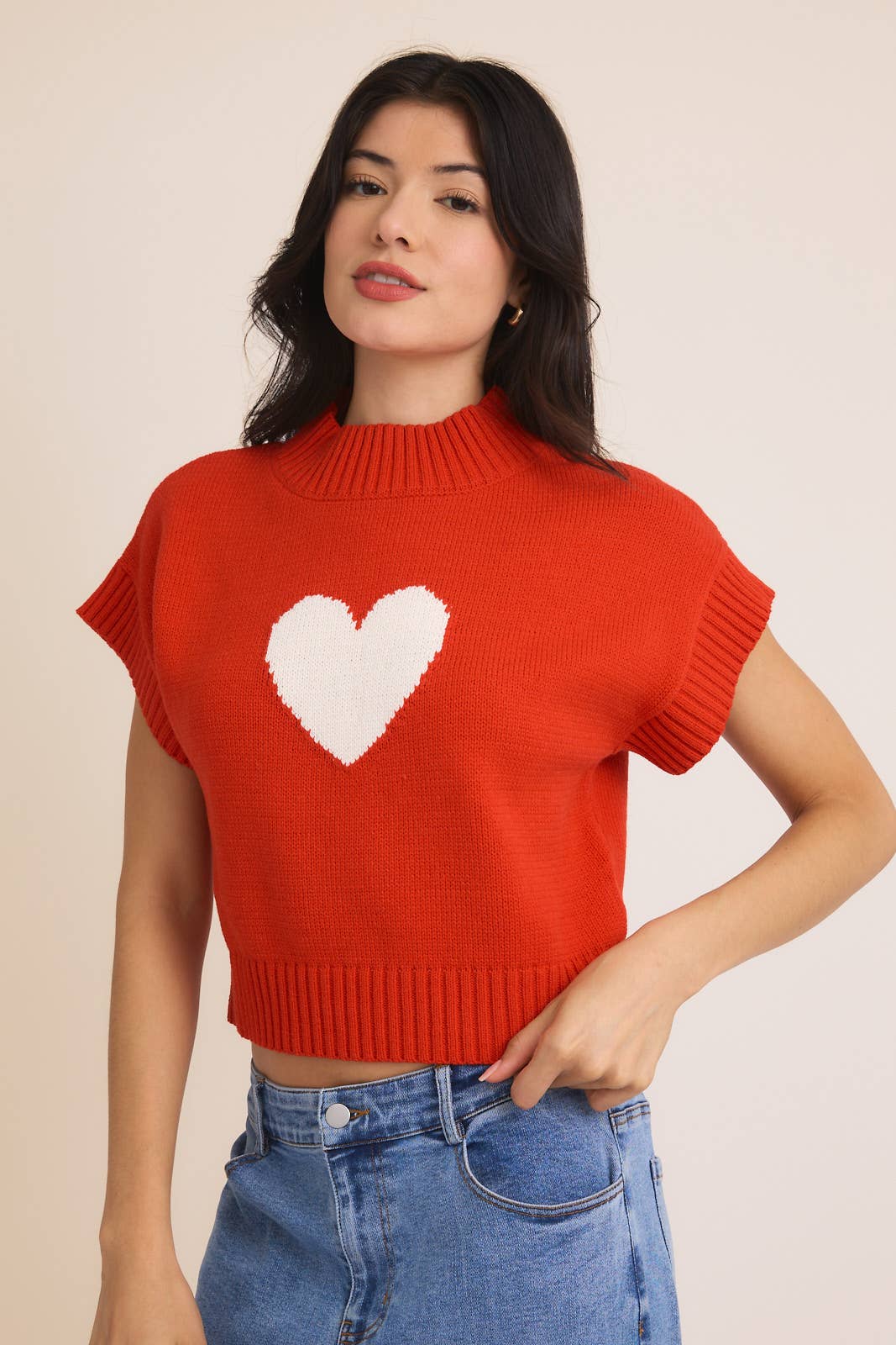 Mock Neck Wide Shoulder "Heart" Sweater