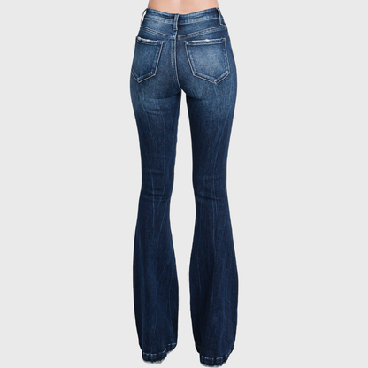 Petra153 | (Petite) Distressed Mid Rise Stretch Flare
