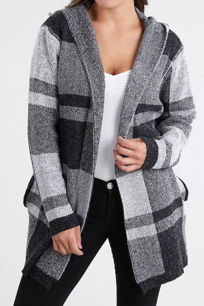 Hooded Checker Cardigan Sweater