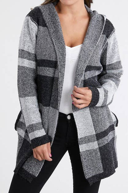 Hooded Checker Cardigan Sweater