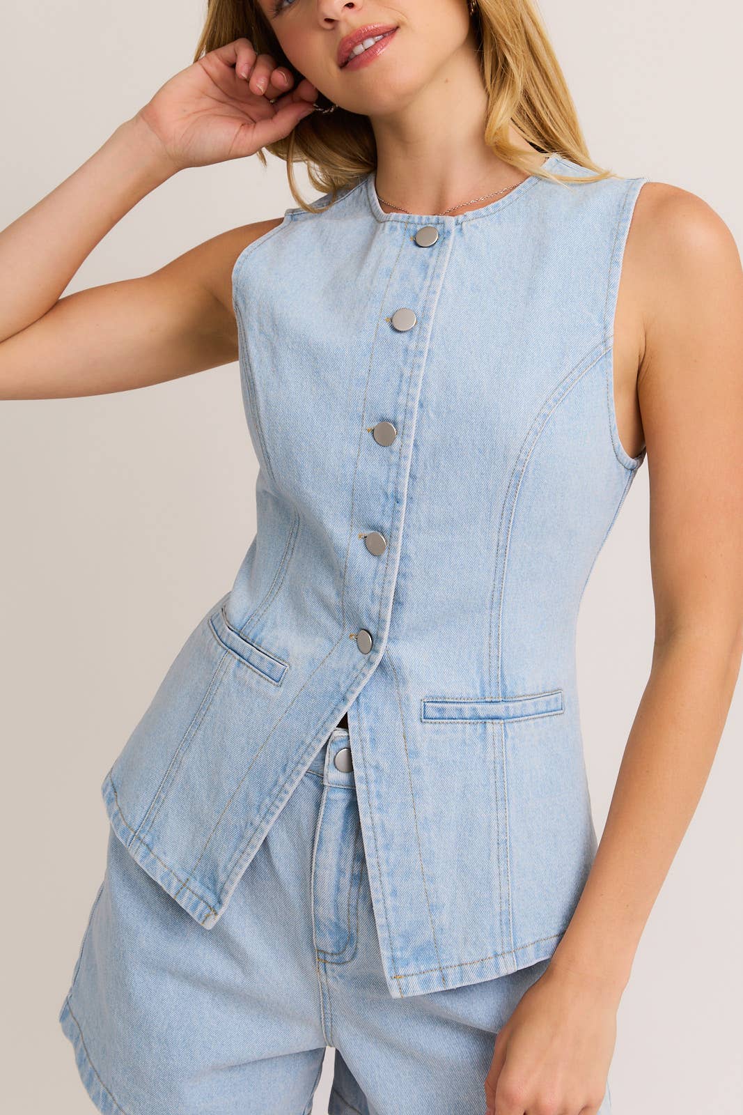 Button Front Sleeveless Denim Top