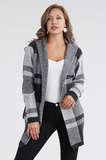 Hooded Checker Cardigan Sweater