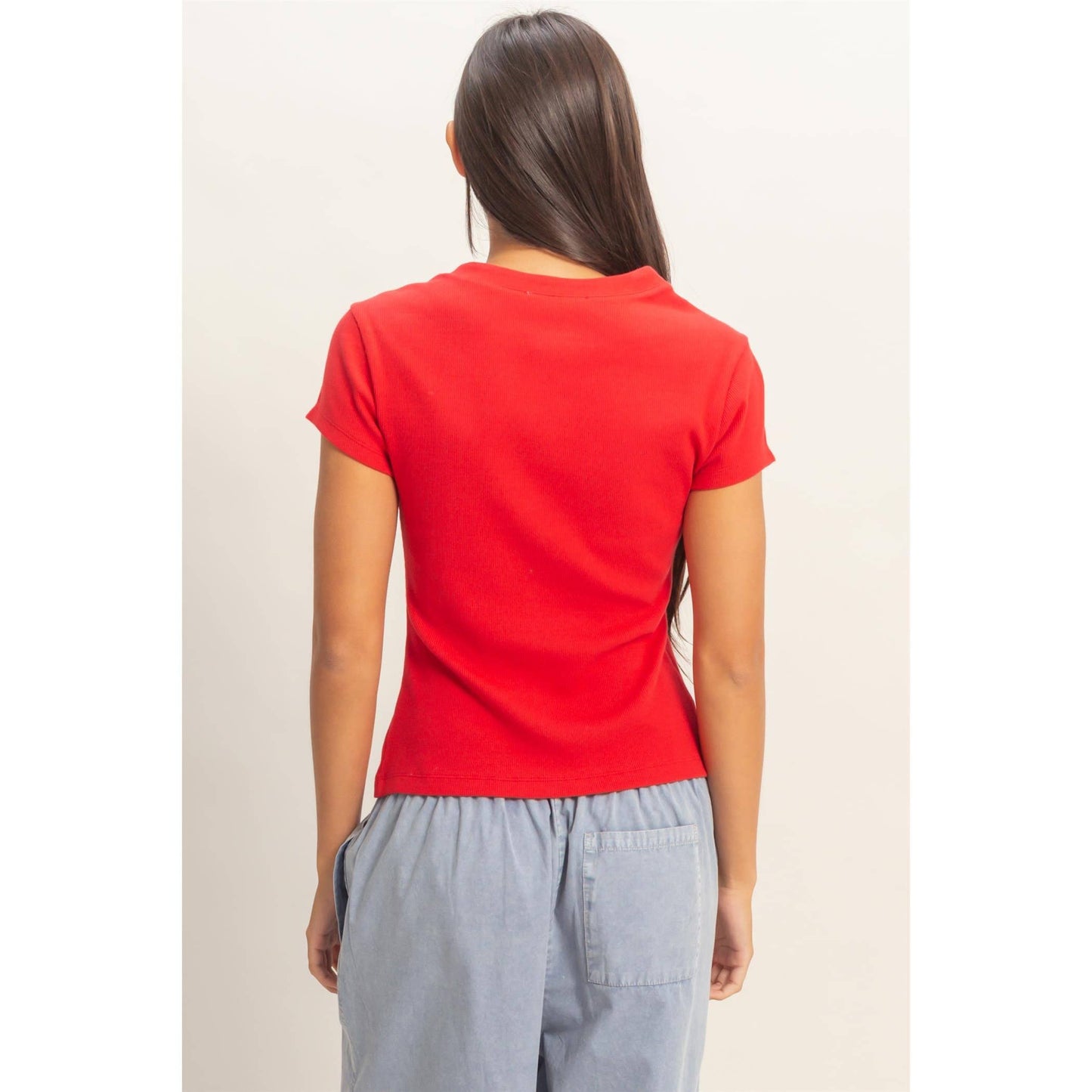 Ribbed Button-Front Crew Neck Top