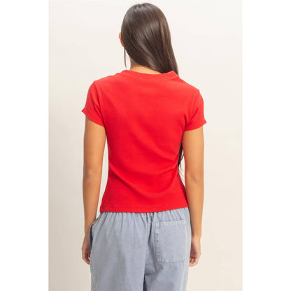 Ribbed Button-Front Crew Neck Top