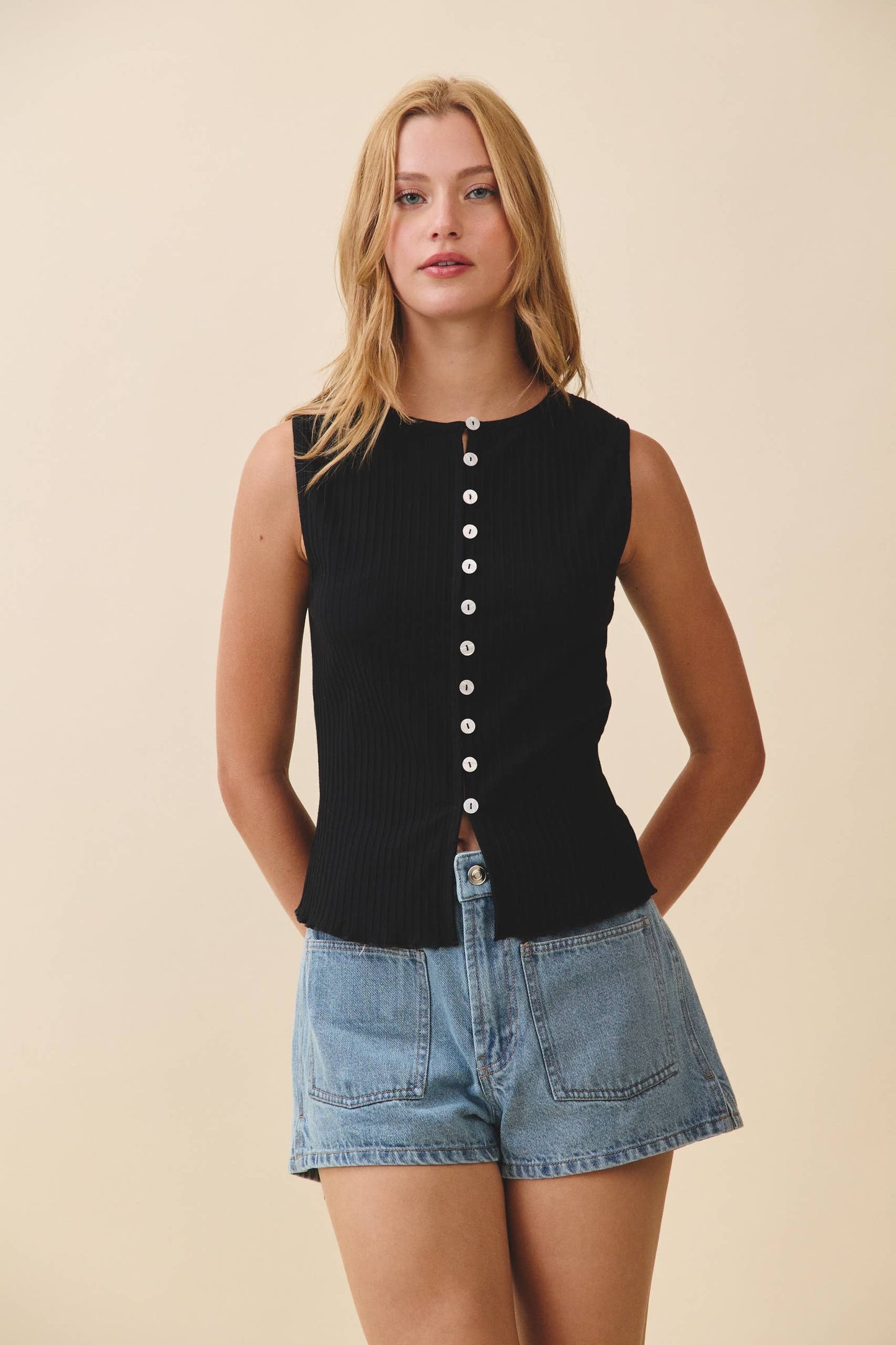Fitted Ribbed Button Front Tank Top