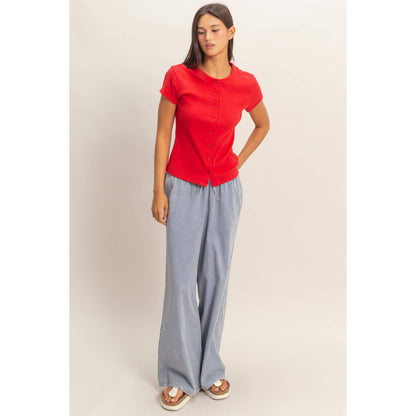 Ribbed Button-Front Crew Neck Top
