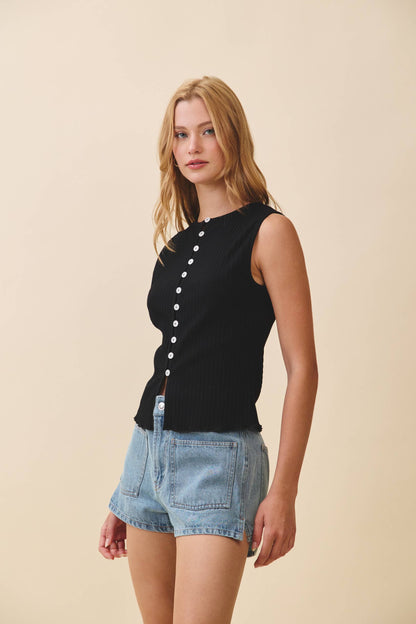 Fitted Ribbed Button Front Tank Top