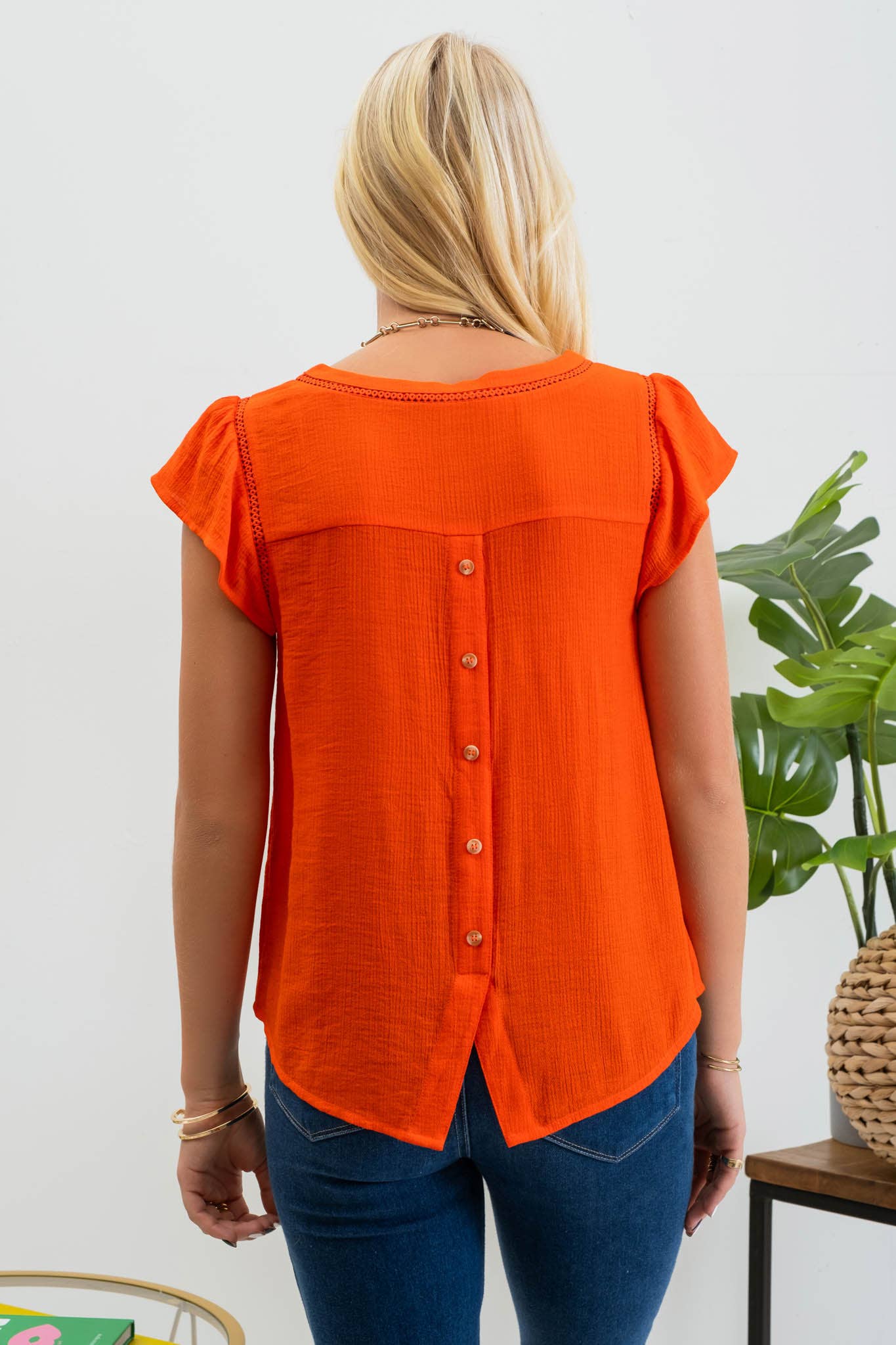 Tulip Sleeve Back Button Blouse