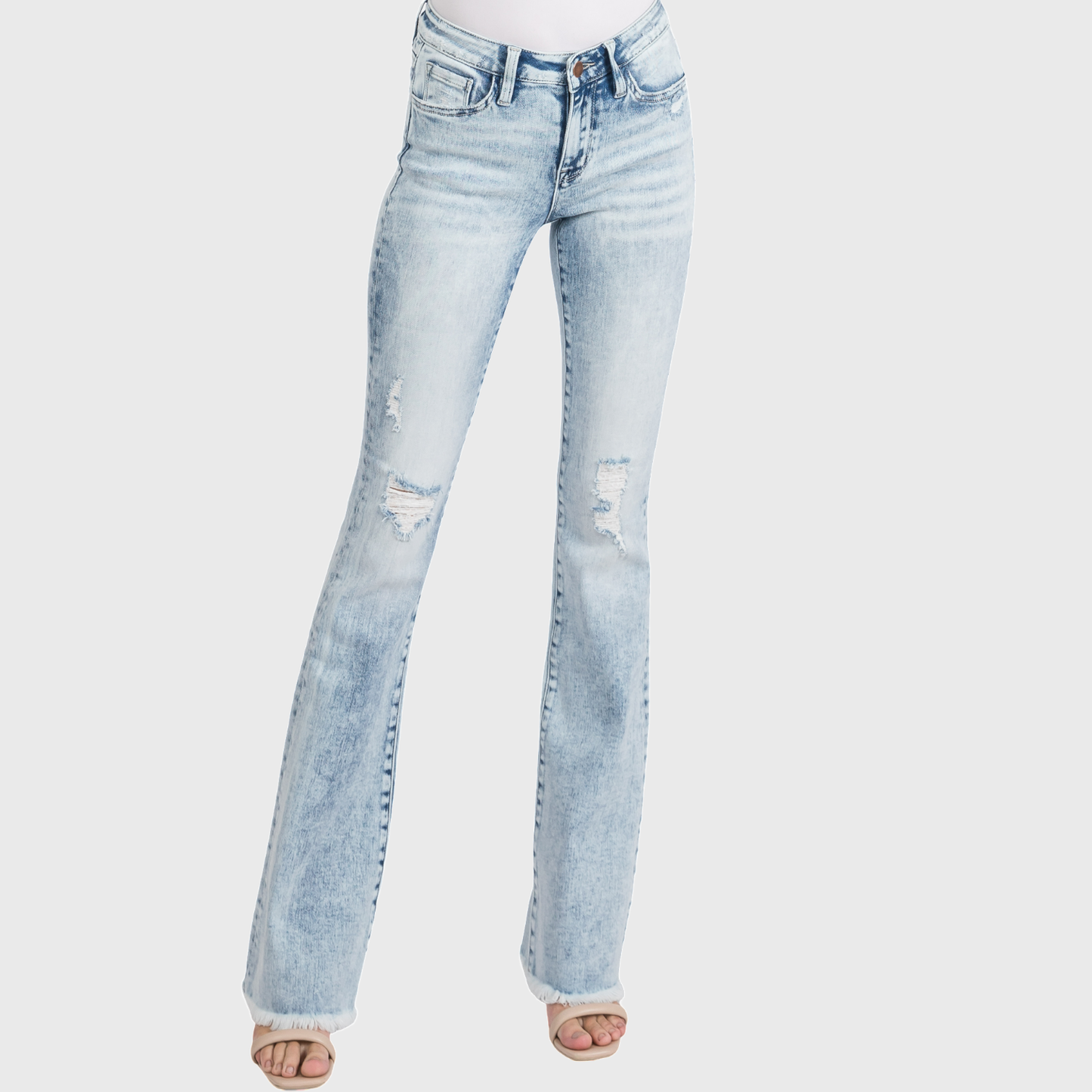 Petra153 | (Petite) Distressed Mid Rise Stretch Flare Jeans
