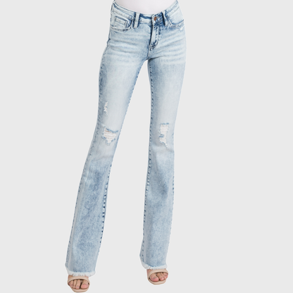 Petra153 | (Petite) Distressed Mid Rise Stretch Flare Jeans
