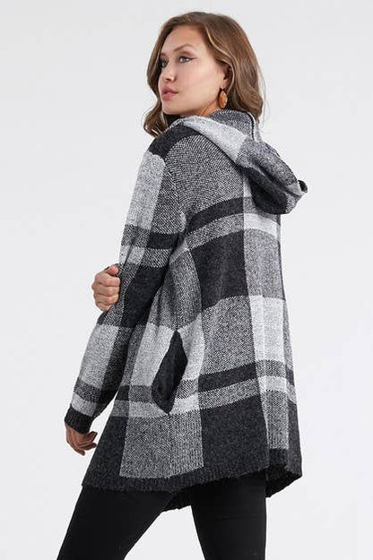 Hooded Checker Cardigan Sweater