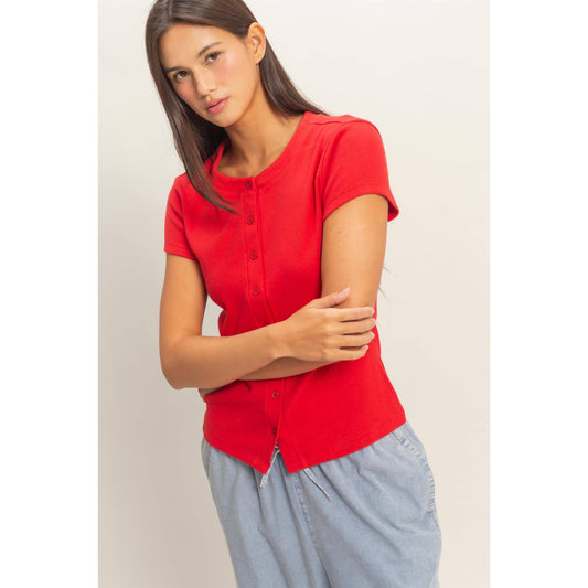 Ribbed Button-Front Crew Neck Top