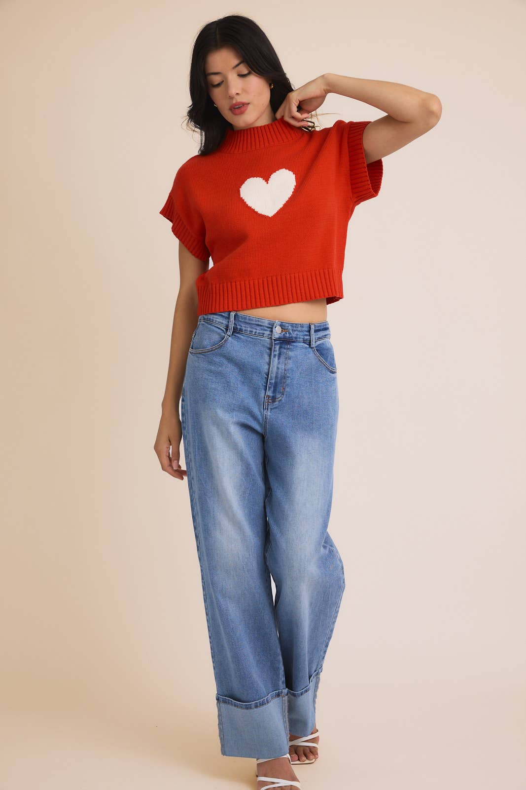 Mock Neck Wide Shoulder "Heart" Sweater