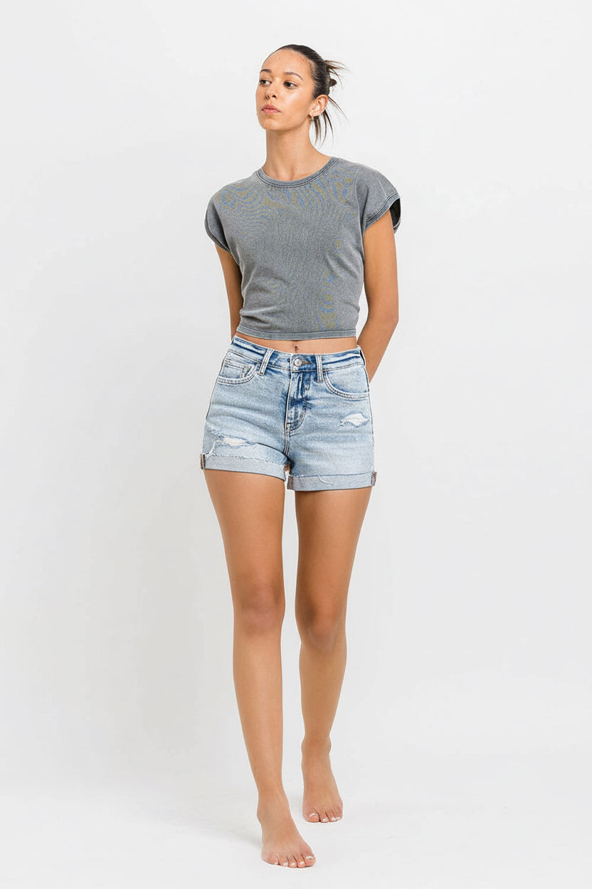 Vervet | High Rise Single Cuff Denim Shorts