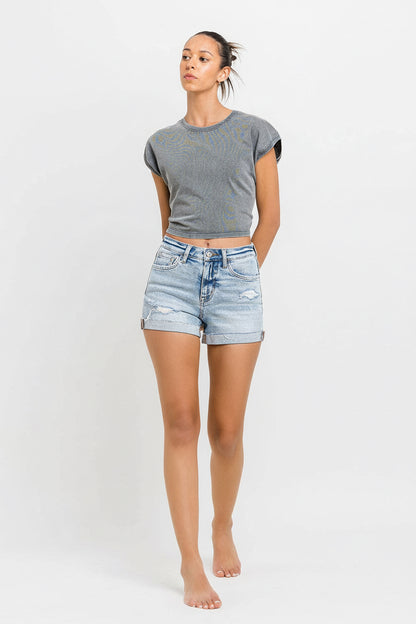 Vervet | High Rise Single Cuff Denim Shorts