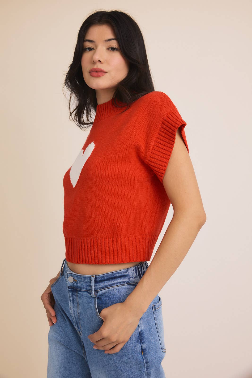 Mock Neck Wide Shoulder "Heart" Sweater