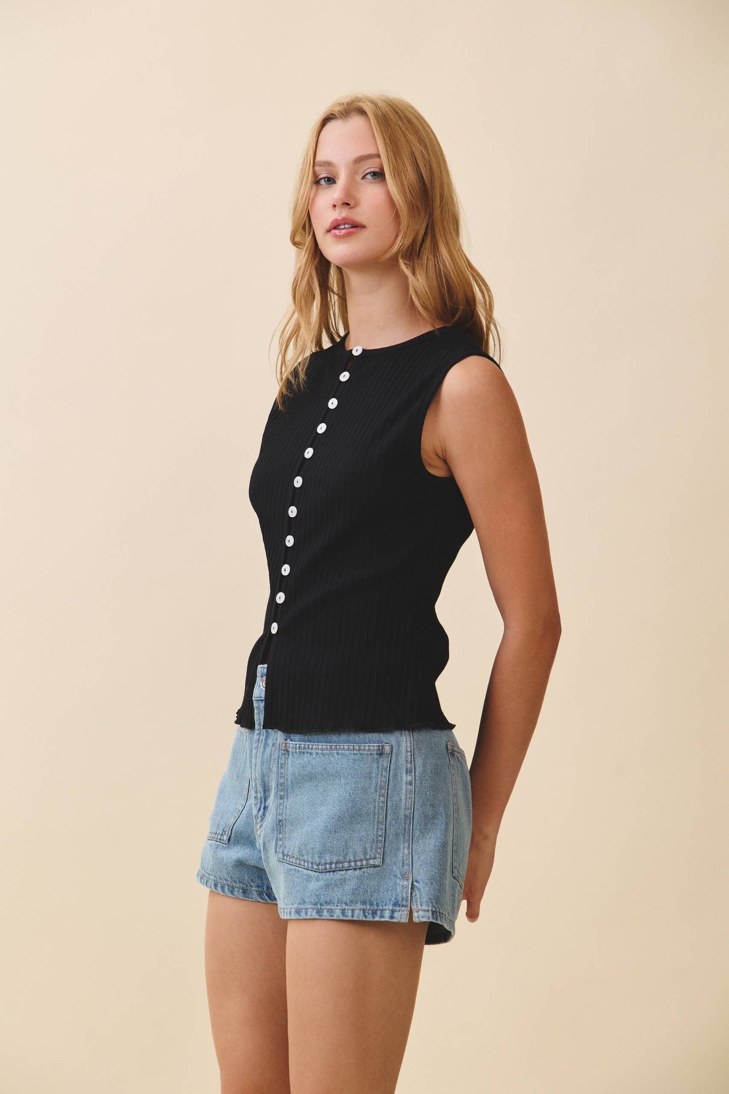 Fitted Ribbed Button Front Tank Top