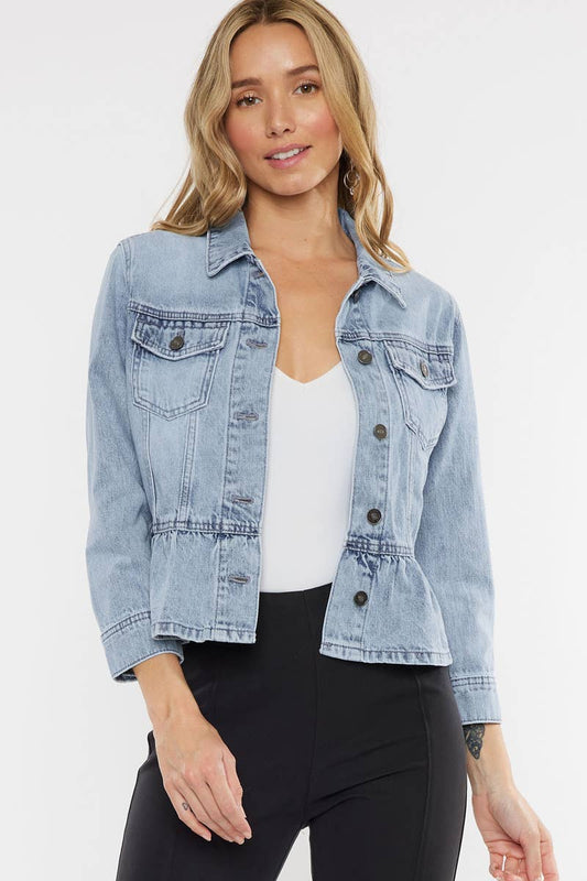 KanCan Classic Fit Peplum 3/4 Sleeve Denim Jacket