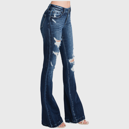 Petra153 | (Petite) Distressed Mid Rise Stretch Flare