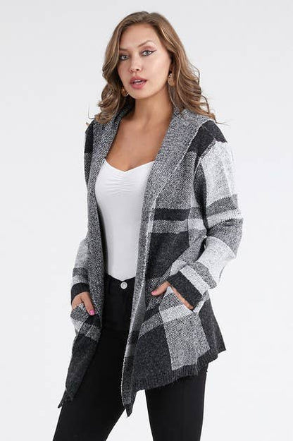 Hooded Checker Cardigan Sweater