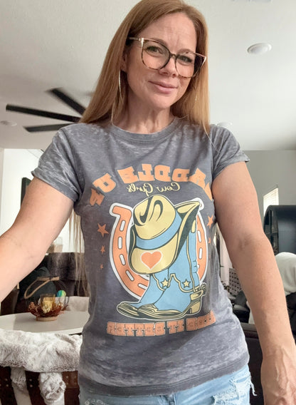 Saddle up Cow Girl Burn Out Graphic Tee