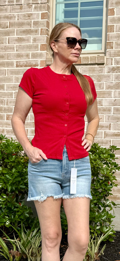 Ribbed Button-Front Crew Neck Top