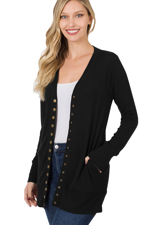 Snap Button Sweater Cardigan with Side Pockets