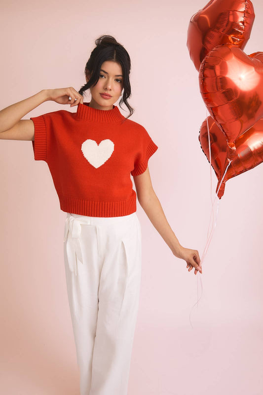 Mock Neck Wide Shoulder "Heart" Sweater