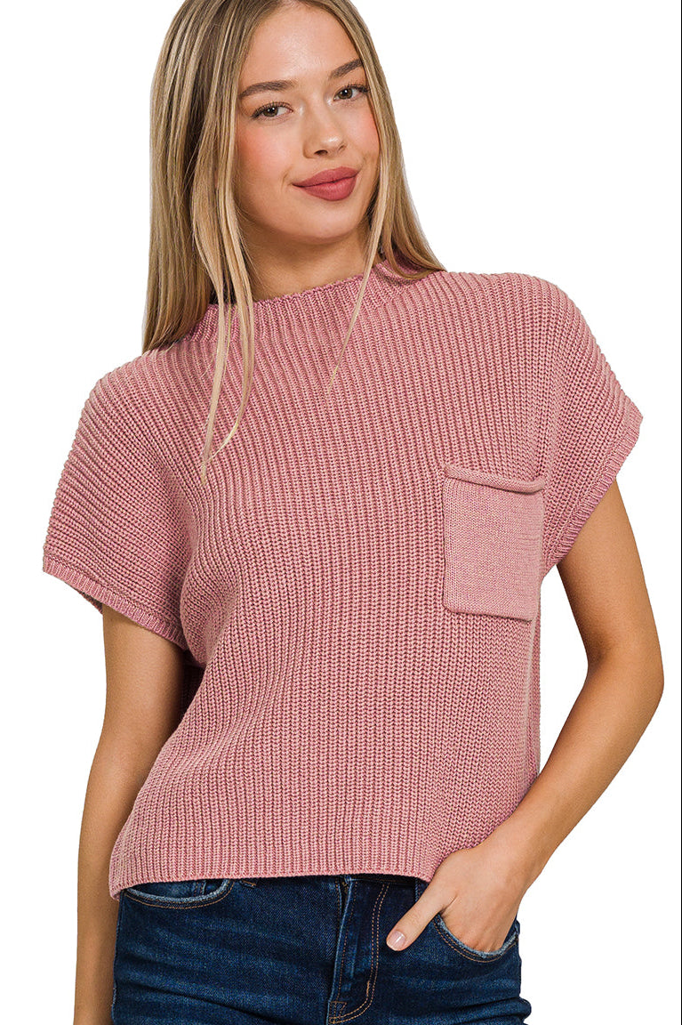 Mock Neck Short Sleeve Cropped Sweater