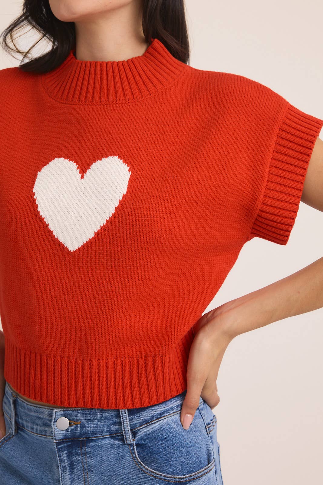 Mock Neck Wide Shoulder "Heart" Sweater