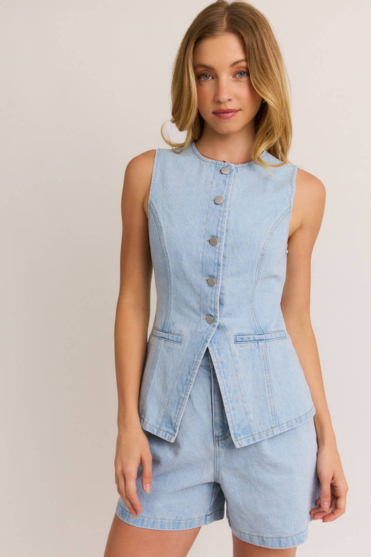 Button Front Sleeveless Denim Top