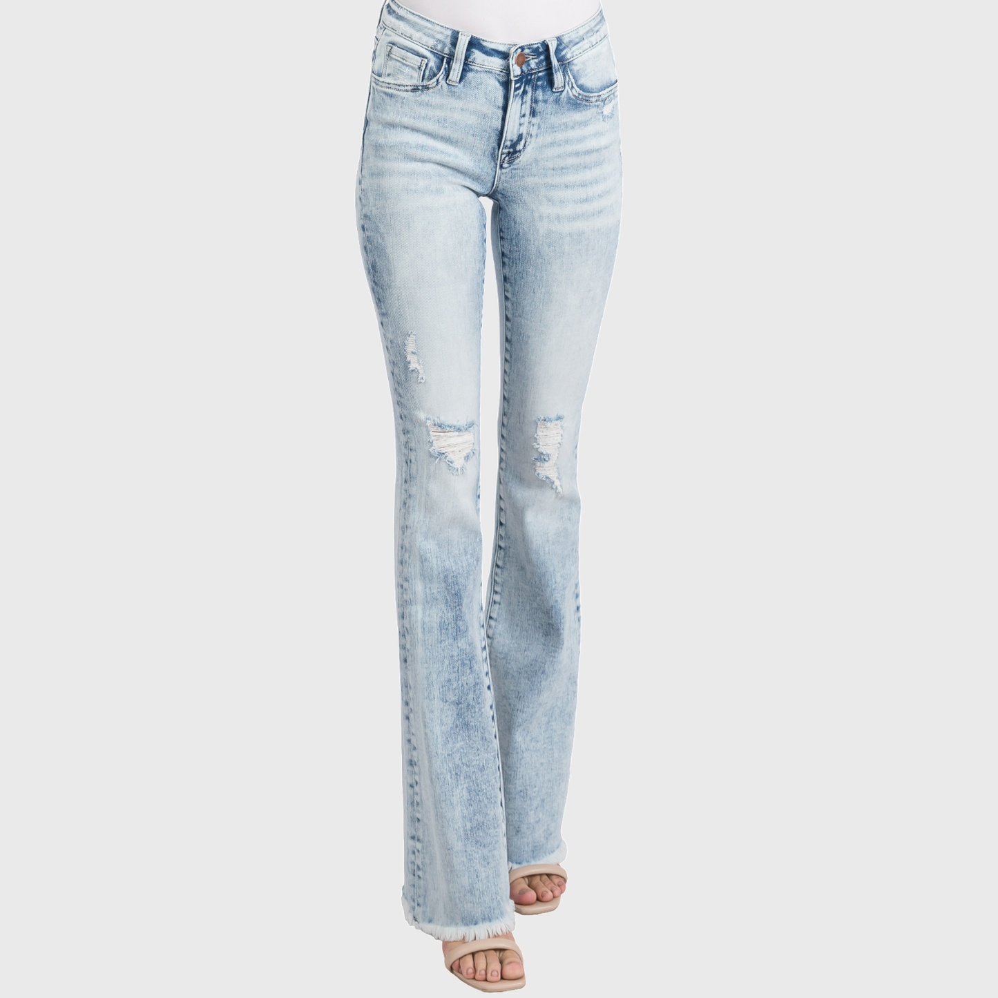 Petra153 | (Petite) Distressed Mid Rise Stretch Flare Jeans